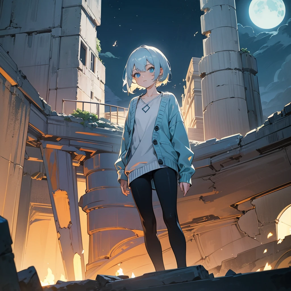 1female, adult, finely detailed azure eyes, wavy short hair, pale charcoal hair, bikni top, cardigan, casual clothing, standing on ruined building, night time, serious expression
