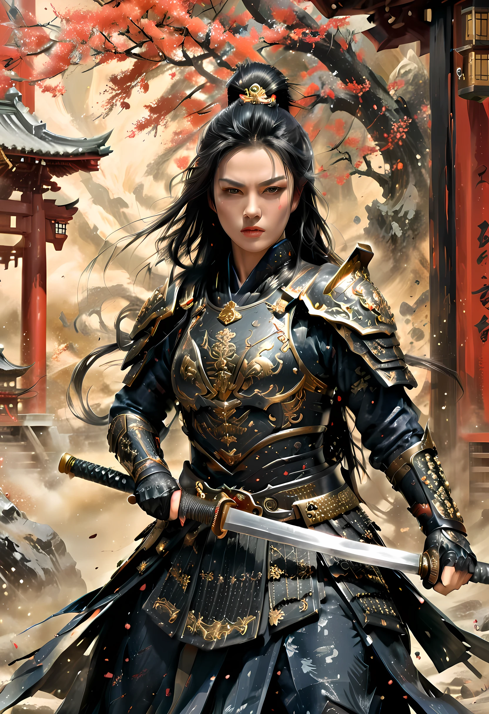 a picture of Japanese female samurai, she has long black hair, wearing niji armor, armed with a katana, ready for battle, dynamic angle, full budy, Japanese fantasy art, Japanese temple background, (Masterpiece: 1.5), 16k, highres, best quality, high details, ultra detailed, masterpiece, best quality, (extremely detailed), arafed, dnd art,