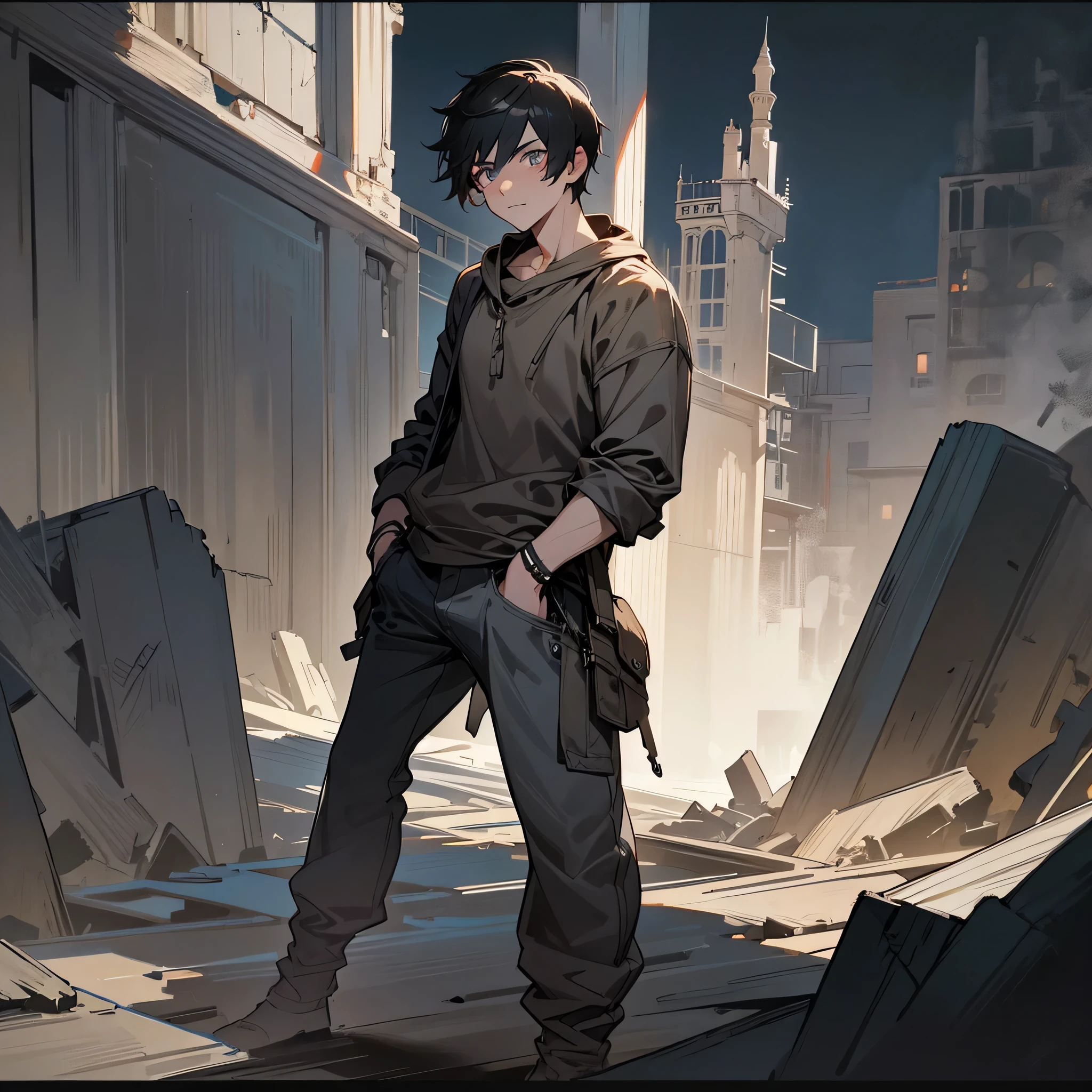 1male, adult, finely detailed charcoal eyes, wild short hair, arsenic hair color, casual clothing, standing on ruined building, night time, somber expression, muscular, excited expression
