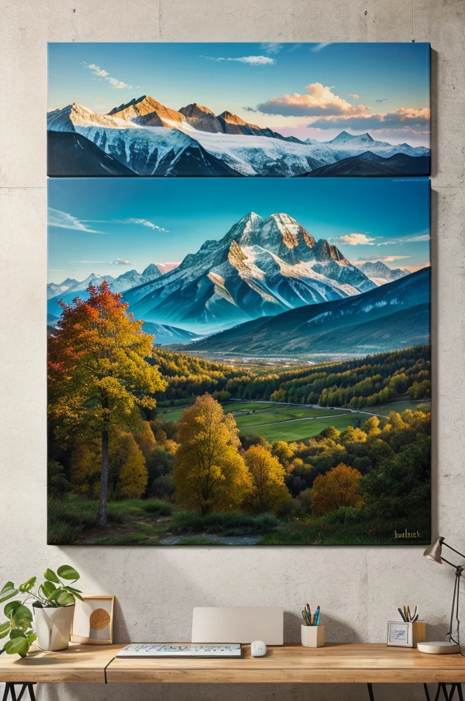 Canvas for 2 with a realistic painting of landscape with mountains and main objects on both sides