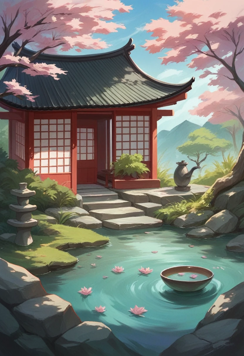 A tranquil Japanese garden with a koi pond, stone lanterns, and a traditional tea house. (Realistic)