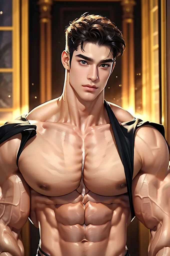 (masterpiece, top quality, Best quality, official art, beautiful and aesthetically pleasing:1.2), boy, Beautiful, Extremely detailed faces, (fractal art:1.3), colorful, The most detailed, (perfect face), shiny skin, HDR, Cantoella, extremely handsome thin face, biceps twice bigger than head, triceps twice bigger than head, huge pectoral cleavage, exaggerate tall traps, narrow muscle waist, shoulders twice wider than torso, subtle beauty features, in the night