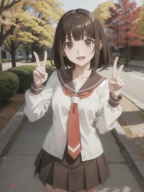 1girl, solo, looking at viewer, nadeko01, medium hair, brown hair, brown eyes, bangs, blunt bangs, skirt, collarbone, , serafuku, long sleeves, necktie, smile, open mouth, cowboy shot, v, peace sign, park, flowers, trees,