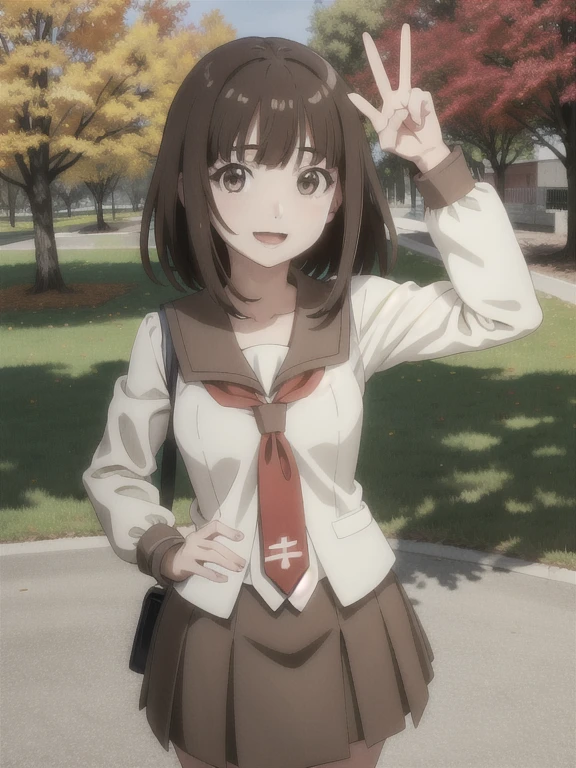 1girl, solo, looking at viewer, nadeko01, medium hair, brown hair, brown eyes, bangs, blunt bangs, skirt, collarbone, , serafuku, long sleeves, necktie, smile, open mouth, cowboy shot, v, peace sign, park, flowers, trees,