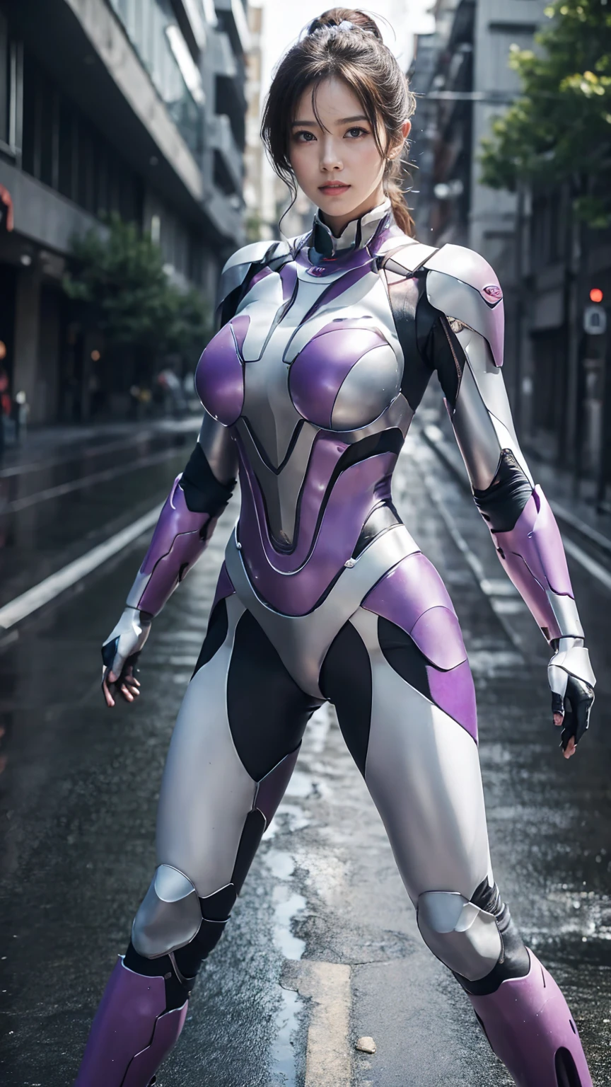 (highest quality、8K、32k、masterpiece、UHD:1.2、perfect body beauty:1.2、Wearing a futuristic hero suit with a pale purple and white shine:1.5、rain、street、Cute 25 year old Japan woman、big and full breasts:1.5、ponytail、Upper body、front、simple background、looking at the viewer、dynamic pose:1.5, full body