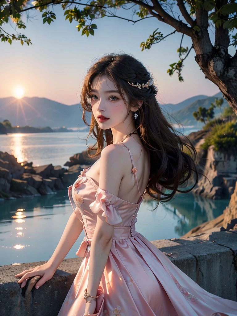 Masterpiece, Best quality, high resolution, realistic , hyperrealism , lifelike photography ,2024s, , alluring beautiful full body shot, (curly blondish brunette long hair, blue cat-shaped eyes), white skin with freckles, beautiful short cut naughty dress with flower embroidery and details , beautiful golden  necklaces & bracelets, elegant bearing, beautiful landscape background of a rose & lilac & orchid garden, high budget , beautiful mesmerizing face and small nose, long and curly sparkling hair , holding a beautiful orange stray cat , clivage , sunset , pink clouds , yellowish red rays at the horizon, elegant posing, beautiful legs, fit body, gorgeous Russian woman standing and naughty posing at the lagoon shores, back shot, side shot , front shot, blue lagoon , full body shot at the frame , naughty smile , deep cut chest style dress, very short skirt, windy summer breeze , reasonable naked body parts, reasonable nudity , 