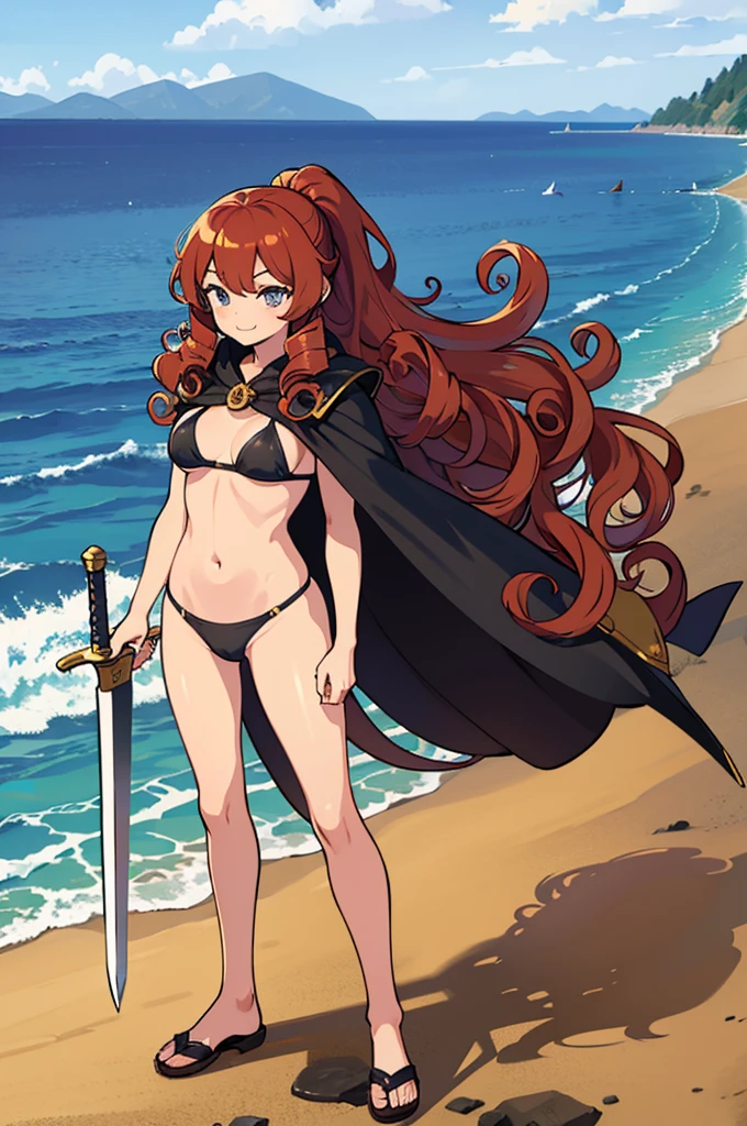 One Girl、Perfect functionality, (masterpiece), (Highest quality:1.4), High resolution、low length、、A cheerful smile、Wavy long hair, (Curly Hair:1.4), 豊かなCurly Hair, ponytail、Bikini Armor、Plein Air、(whole body:1.4)、Standing posture、sword, Cape, 手でCapeの裾を広げている