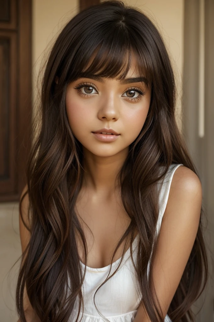 Crea a una chica te dez morena clara, big dreamy eyes but a little droopy, naris un poco recta, fina pero un poco ancha al final, labios carnosos, cabello oldulado rizado muy corto como en un corte pixie, muy hermosa