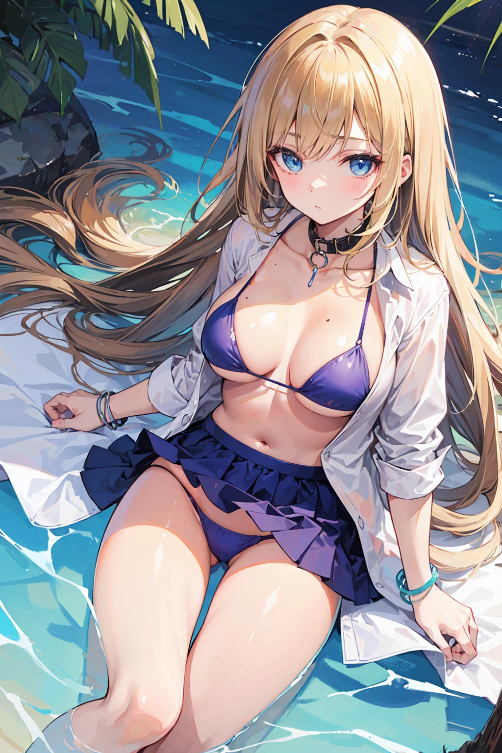1woman, blonde-brown hair, moderate tan, longish flowy hair, blue eyes, neck collar, purple-blue bikini under clothing, bracelet, white panty, open chest shirt, translucent white shirt U V