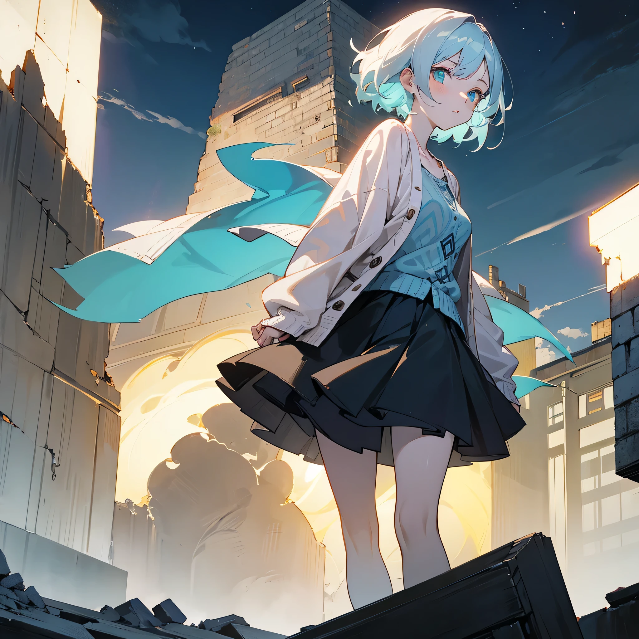 1female, adult, finely detailed azure eyes, wavy short hair, pale charcoal hair, bikni top, cardigan, casual clothing, standing on ruined building, night time, serious expression