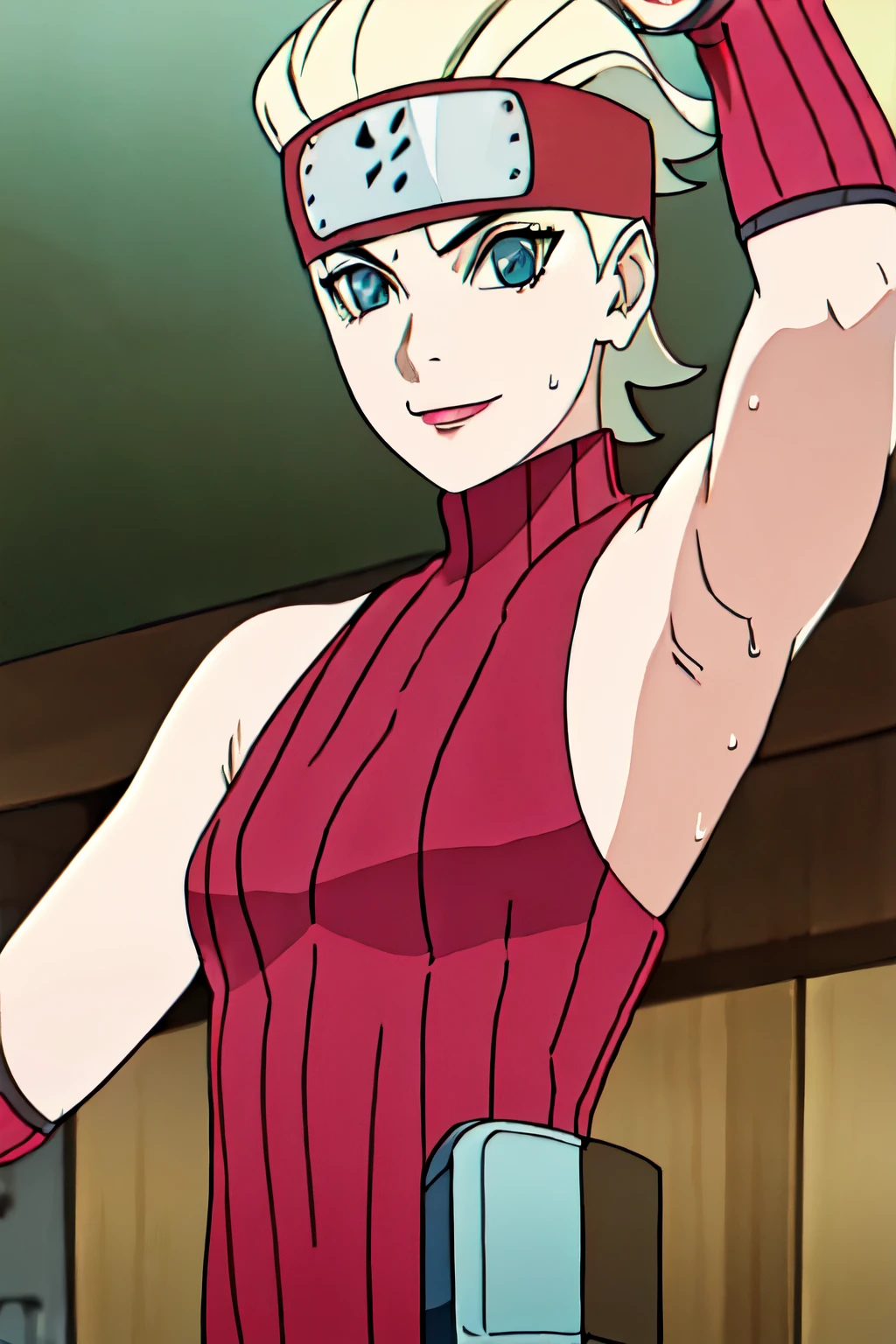 BUNTAN, 1GIRL, SHORT HAIR, BLUE EYES, BLONDE HAIR, GLOVES, BARE SHOULDERS, HEADBAND, SLEEVELESS TURTLENECK, solo facing viewer, looking at viewer, smile,armpit,armpits,showing armpits,awesome armpits,sweat, sweaty,sweaty armpits,tired,red arm warmers