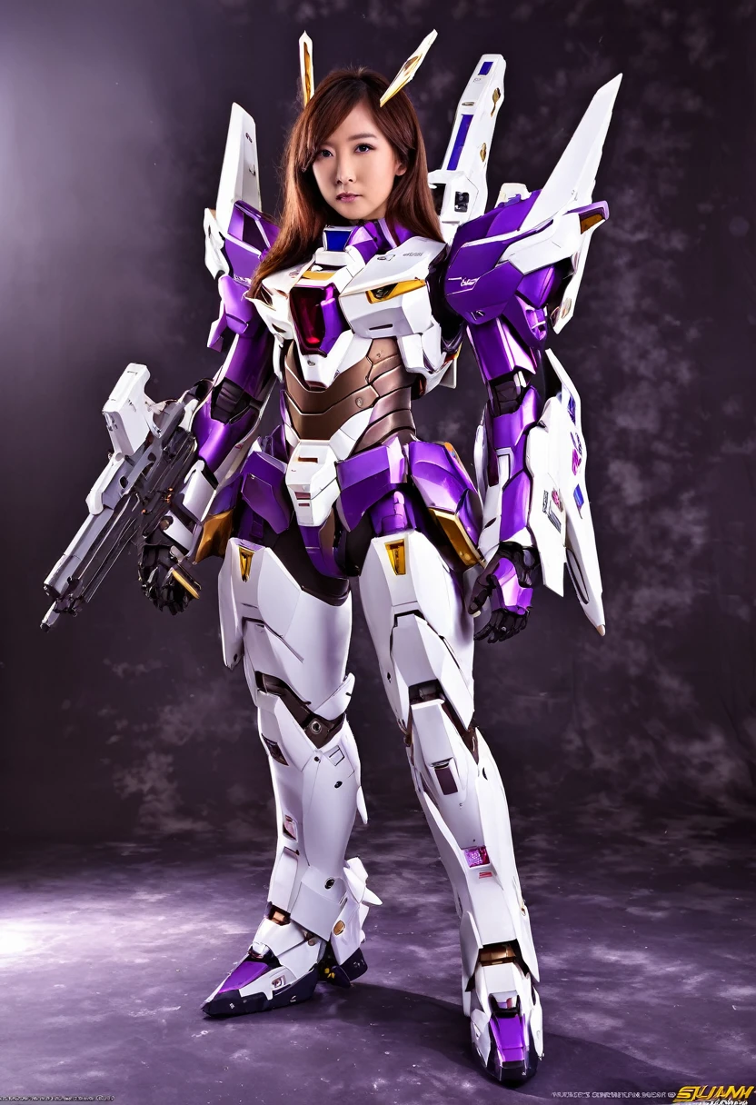 RAW, Masterpiece, Ultra Fine Photo,, Best Quality, Ultra High Resolution, Photorealistic, Sunlight, Full Body Portrait, Stunningly Beautiful,, Dynamic Poses, Delicate Face, Vibrant Eyes, a full body of a woman in a purple and white gundam custume, dybamic pose, long brown very very long hair rapunzel, girl in mecha cyber armor, portrait armored astronaut girl, d. va from overwatch, female mecha, on a gundam, gundam head, chiho aoshima color scheme, mobile suit, streamlined purple armor, fully robotic!! girl, realistic cosplay, gundam armor , full body, sit down, full body, sedang menggunakan headset virtual reality (VR) dan memegang pengendali, sementara ada drone di latar belakang. Sit down