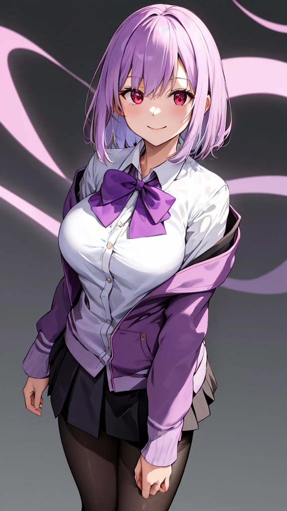 masterpiece, highest quality, High resolution, shinjou akane, One girl, alone, pantyhose, shirt, bow, skirt, purple Jacket, Jacket, white shirt, Long sleeve, short hair, black skirt, collared shirt, black pantyhose, Open clothes, bowtie, purple bow, chest, bangs, Red eyes, pleated skirt, Off the shoulder, open Jacket, Sleeves are longer than the wrist, Light purple hair, purple bowtie, miniskirt, Cowboy Shot,too evil smile,smile worst,looking down at viewer,laugh worst,evil laugh,deep shaded face,laugh face,big monster background,