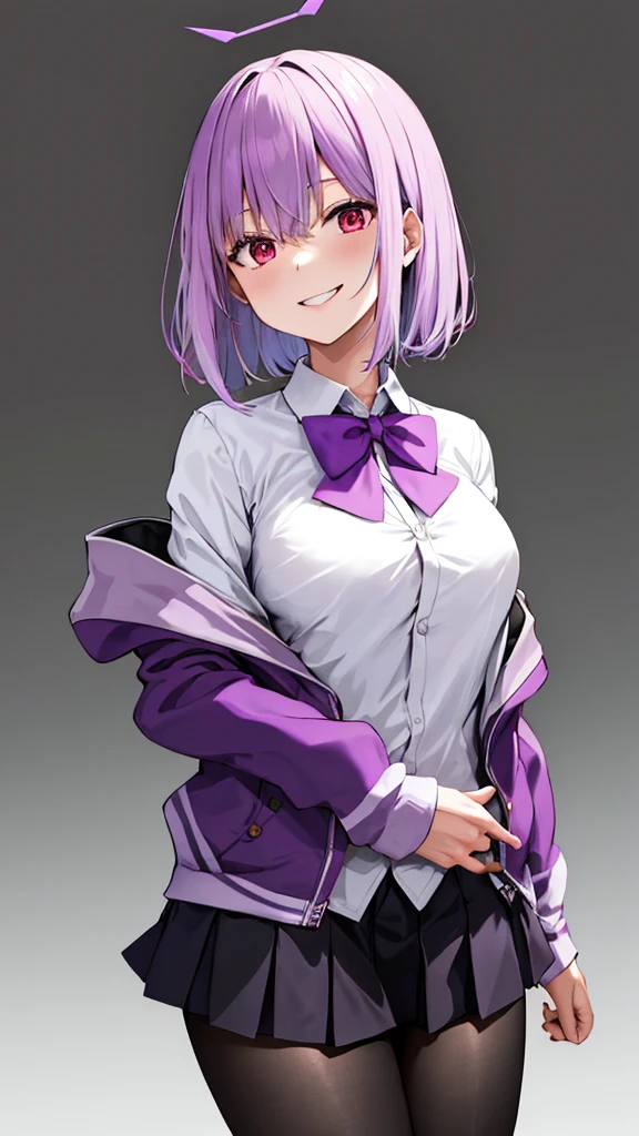 masterpiece, highest quality, High resolution, shinjou akane, One girl, alone, pantyhose, shirt, bow, skirt, purple Jacket, Jacket, white shirt, Long sleeve, short hair, black skirt, collared shirt, black pantyhose, Open clothes, bowtie, purple bow, chest, bangs, Red eyes, pleated skirt, Off the shoulder, open Jacket, Sleeves are longer than the wrist, Light purple hair, purple bowtie, miniskirt, Cowboy Shot,too evil smile,smile worst,looking down at viewer,laugh worst,evil laugh,deep shaded face,laugh face,big monster background,