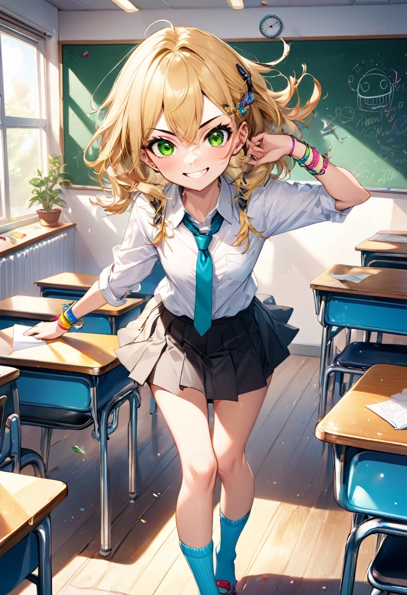 A mischievous girl with a sly grin, standing in a school classroom. She has sharp, narrow eyes giving a teasing look, and her eyebrows are raised in a playful manner. She wears a with a playful twist: a colorful tie, funky socks, and a few quirky accessories like bracelets and hair clips.. The classroom background includes desks, a blackboard with some doodles, and a few scattered papers on the floor.,(masterpiece:1.3),(highest quality:1.4),(ultra detailed:1.5),High resolution,extremely detailed,unity 8k wallpaper, blonde hair, green eyes