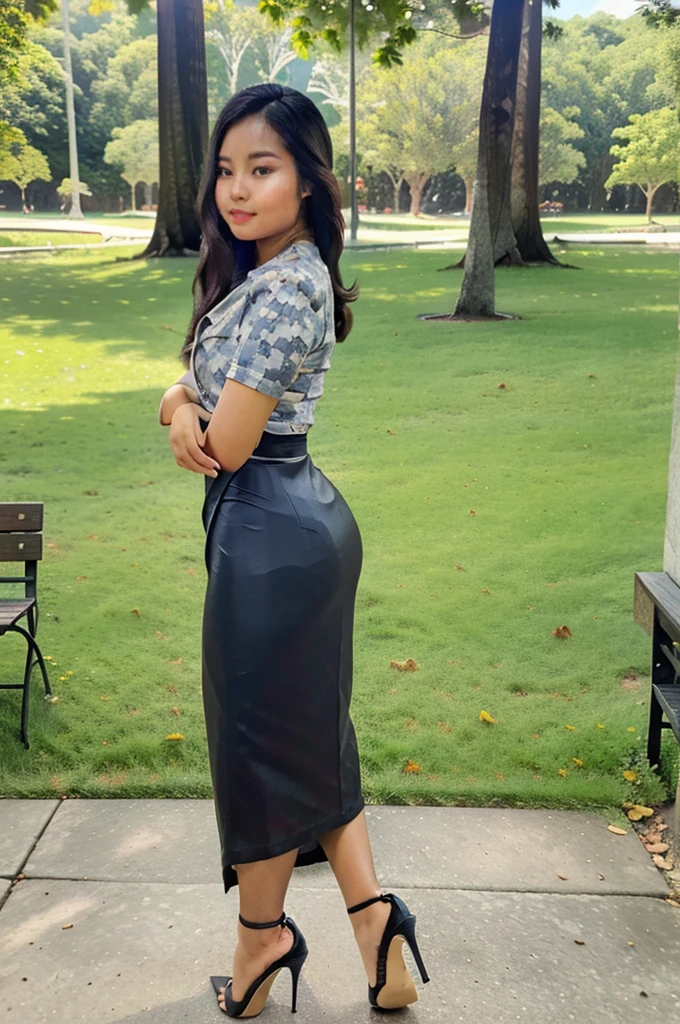 pretty aisan lady, pretty lady MoonLay, one girl, beautiful lady, beautiful face, cute smiling, standing and seductively posing for photography, ((at the public park:1.5)), ((lift up waist:1.2)), ((pouting ass:1.2)), ((clingy panty line:1.4)), ((full body view tilt rear view:1.5)), ((long legs:1.2)), (slim waist and voluptuous body), (slime legs), wearing Myanmar traditional attire, wearing acmm long skirt, tight skirt, (shimmering and glossy skirt), ((black color skirt)), with stiletto high heel, fine shadow, realistic added shadow, dramatic lighting, professional color graded, nikon d850 film stock photograph, cinematic lighting, cinematic shot, 4k resolution,