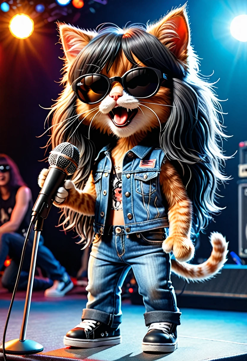 Cute anthropomorphic kitten fluffy cartoon with very long hair black with bangs, singing with microphone in hand (black sunglasses with oval lenses) by Joey Ramone digital painting 3d cosplay Ramones pants jeans, All Star shoes in the background concert stage with several lights blue, isometric view, Cinematic, Hyperrealistic, Backlit, Extremely low angle, Highly detailed, scaled down, Unrealistic rendering, 16K