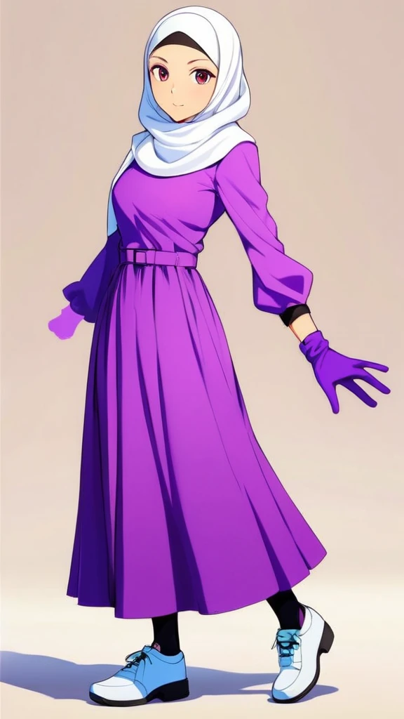 Tomboy, Mature, Smart, wearing white hijab, Wearing long purple dress, Women's fabric gloves, female shoes, vivid colours, anime style, cell shade, white background.