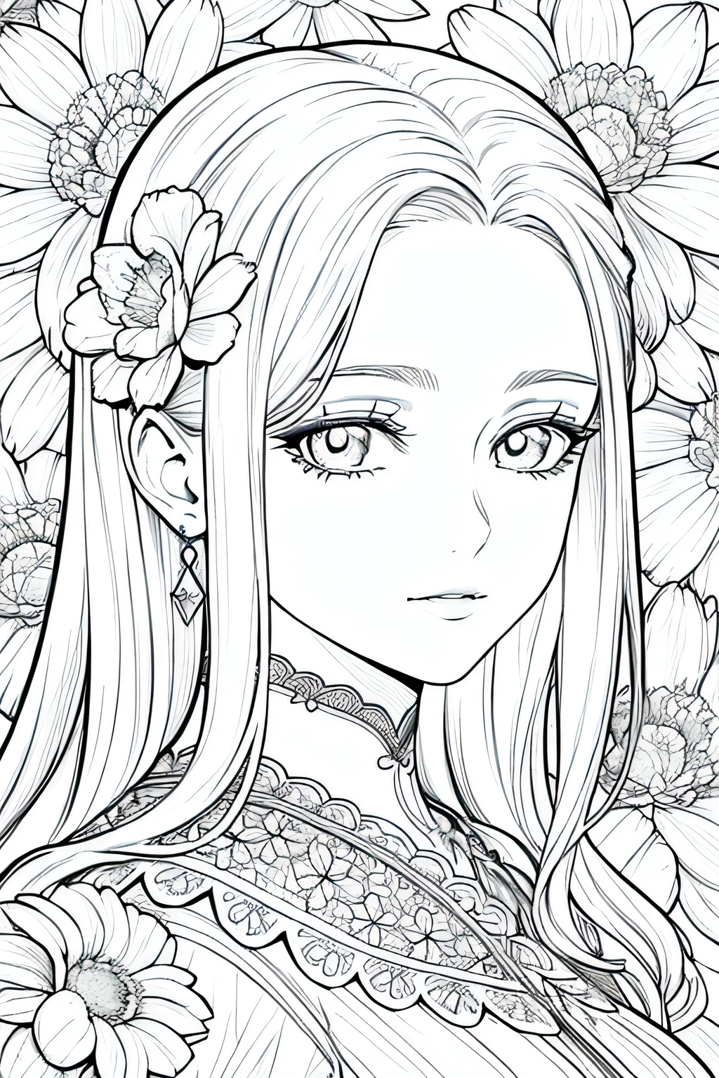 best quality, high resolution, detailed background, high contrast, 1 girl, close-up of the head, floral background, clean line drawings, vibrant colors