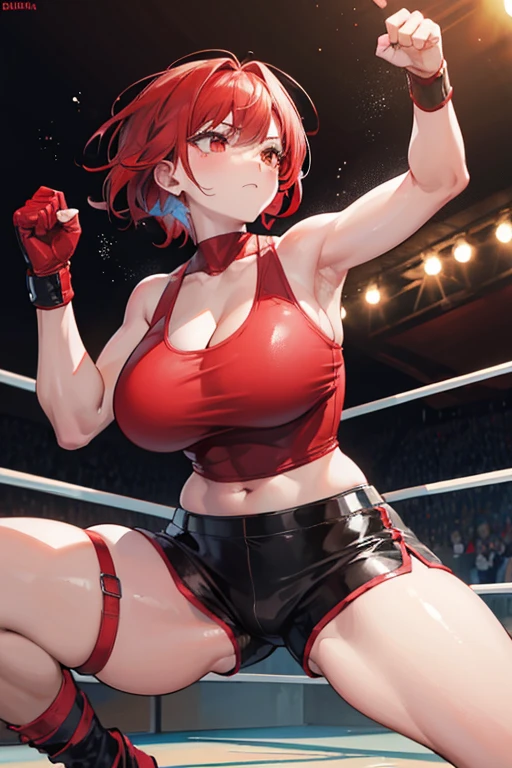 One woman,Big Breasts,Red hair,short hair,Brown skin,wrestling,On the Ring,A belligerent look,Fighting Pose,Tight short tank top,Leather shorts