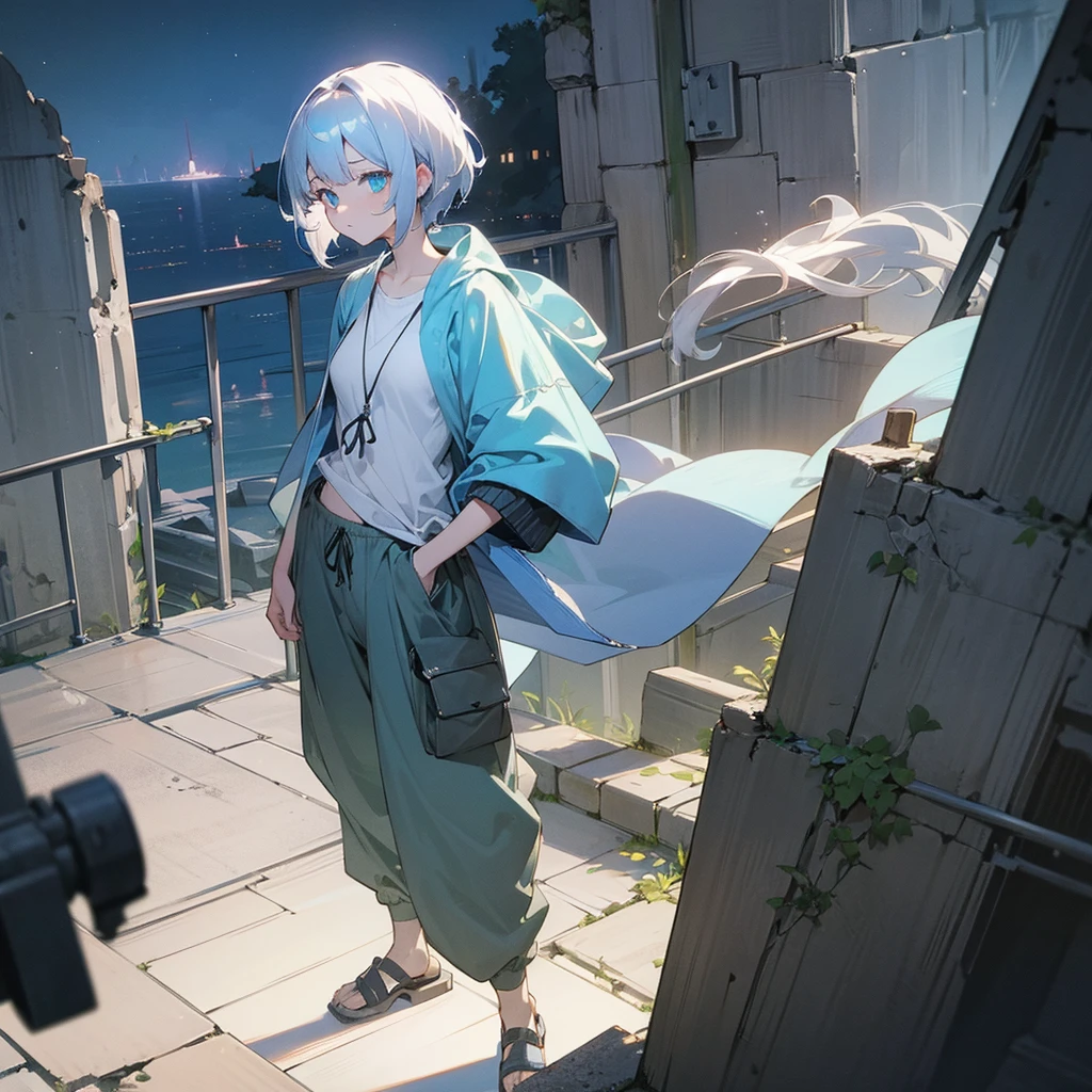 1female, adult, finely detailed azure eyes, wavy short hair, pale chrome hair, bikni top, cardigan, baggy pants, standing on ruined building, night time, serious expression