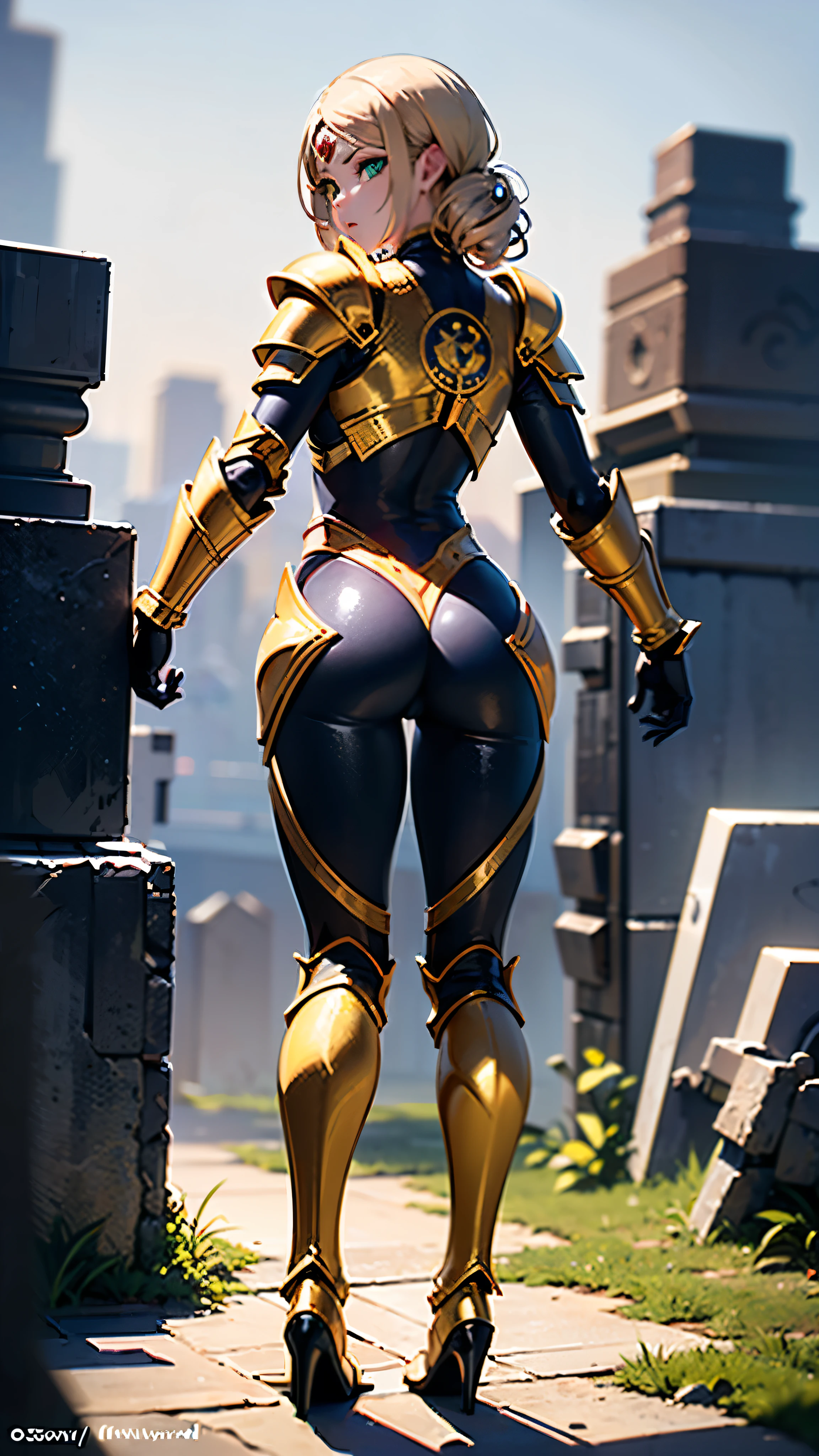 powerful warrior white girl,athletic perfect(((full body, backside)))body,beautiful purple  short clothes,advanced technology ((((golden armor))) esoteric charming details,(esoteric) accessories.Curly blond hair,remarkable green eyes (((third eye)))(Magic) Landscape,amazing fantasy.4k,8k,highly detailed,photography prize,Sony Alpha III,UHQ,old masterpiece,perfect composition,unique style,hyper detailed,genius imagery,awarded piece of art