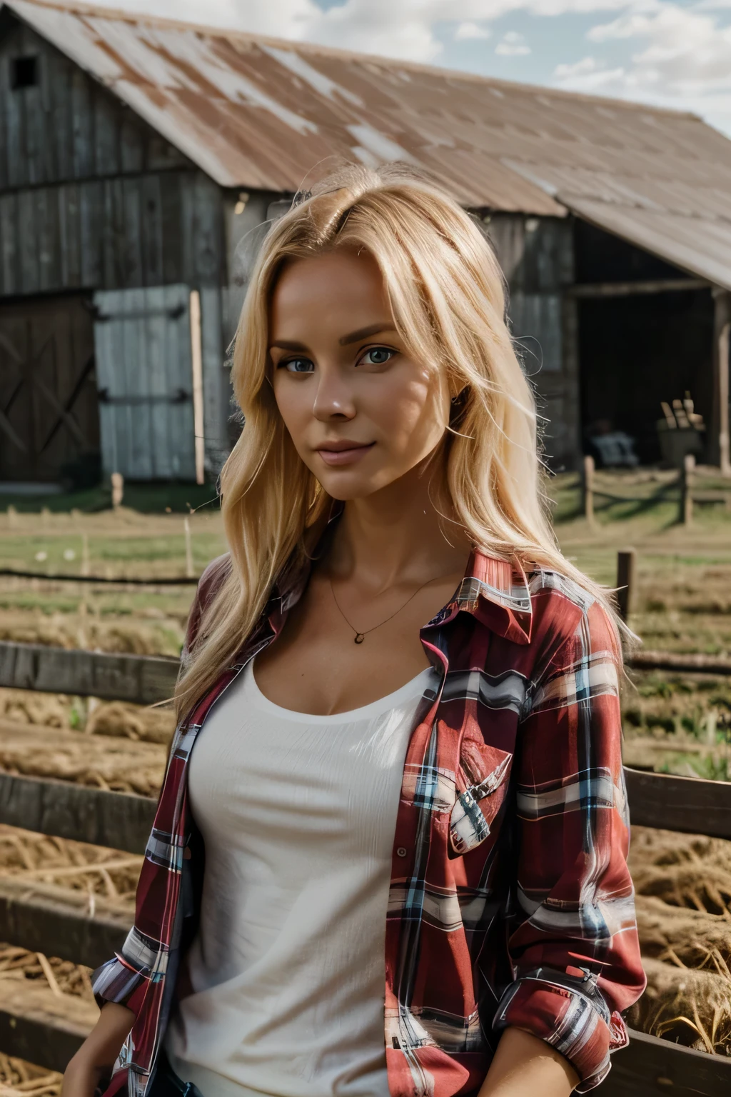 beuatiful 28 year old woman, blonde hair woman, blue eyes, farm barn, red plaid shirt, fit body, white skin, contrast, half shadows