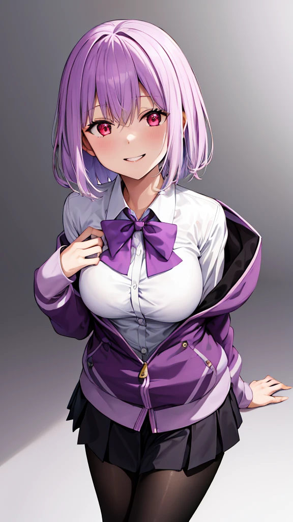 masterpiece, highest quality, High resolution, shinjou akane, One girl, alone, pantyhose, shirt, bow, skirt, purple Jacket, Jacket, white shirt, Long sleeve, short hair, black skirt, collared shirt, black pantyhose, Open clothes, bowtie, purple bow, chest, bangs, Red eyes, pleated skirt, Off the shoulder, open Jacket, Sleeves are longer than the wrist, Light purple hair, purple bowtie, miniskirt,  Cowboy Shot,too evil smile,smile worst,looking down at viewer,laugh worst,evil laugh,deep shaded face,laugh face,big monster ,dark purple background,