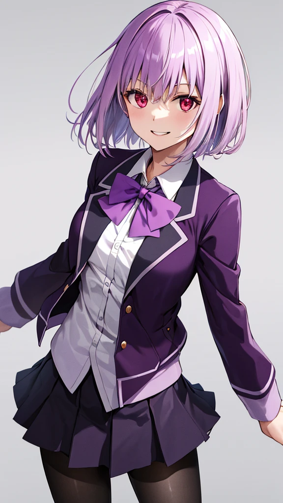 masterpiece, highest quality, High resolution, shinjou akane, One girl, alone, pantyhose, shirt, bow, skirt, purple Jacket, Jacket, white shirt, Long sleeve, short hair, black skirt, collared shirt, black pantyhose, Open clothes, bowtie, purple bow, chest, bangs, Red eyes, pleated skirt, Off the shoulder, open Jacket, Sleeves are longer than the wrist, Light purple hair, purple bowtie, miniskirt,  Cowboy Shot,too evil smile,smile worst,looking down at viewer,laugh worst,evil laugh,deep shaded face,laugh face,big monster ,dark purple background,