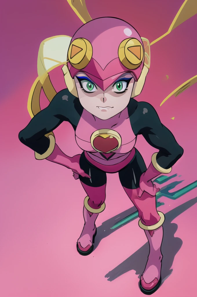 masterpiece, best quality, 1girl, evilroll, helmet, blonde hair, green eyes, eyeshadow, makeup, high heels, fang out, bodysuit, pink gloves, pink boots, hands on hips, simple background 