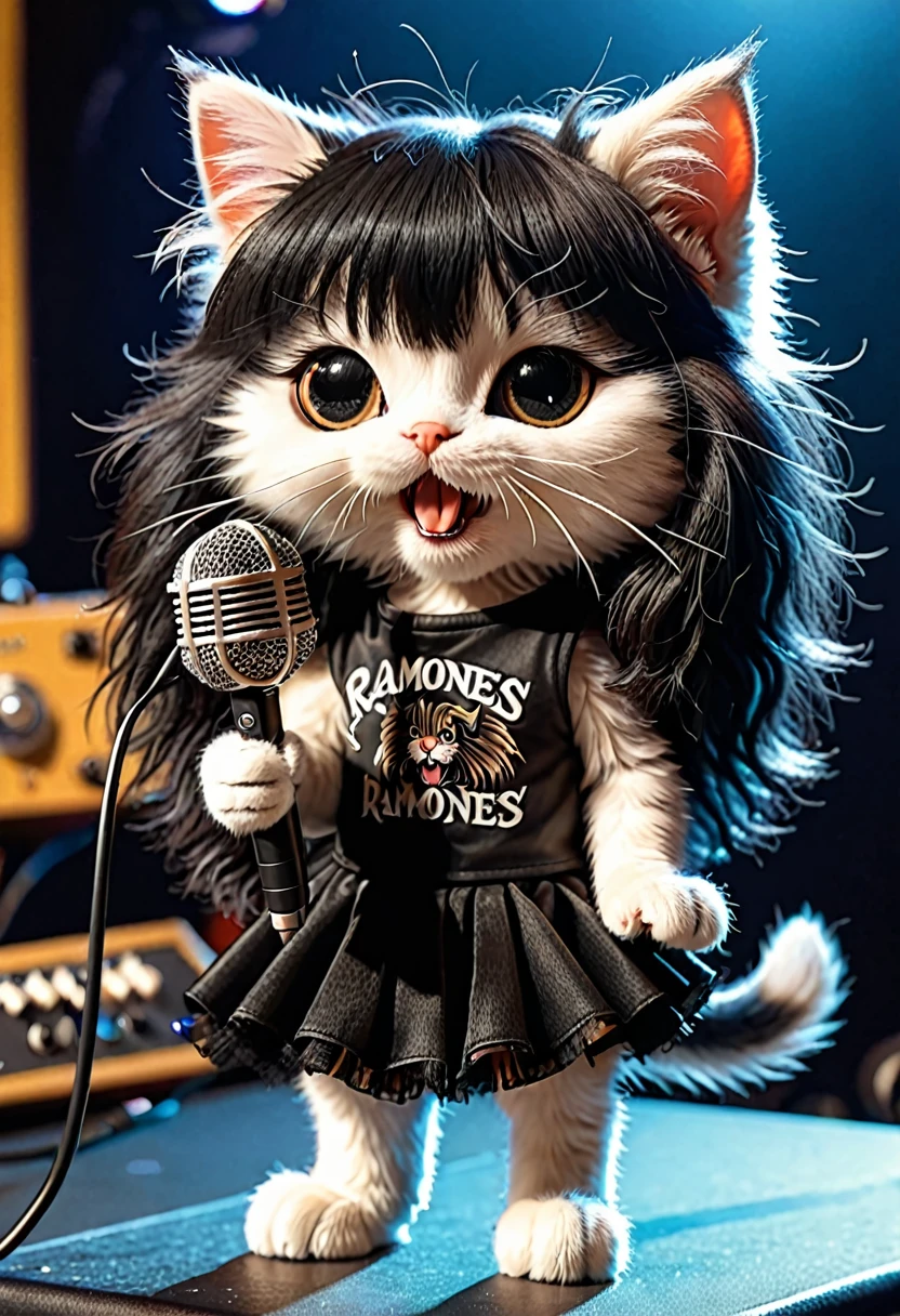 Cute anthropomorphic kitten fluffy cartoon with very long hair black with bangs, singing with microphone in hand cover Ramones