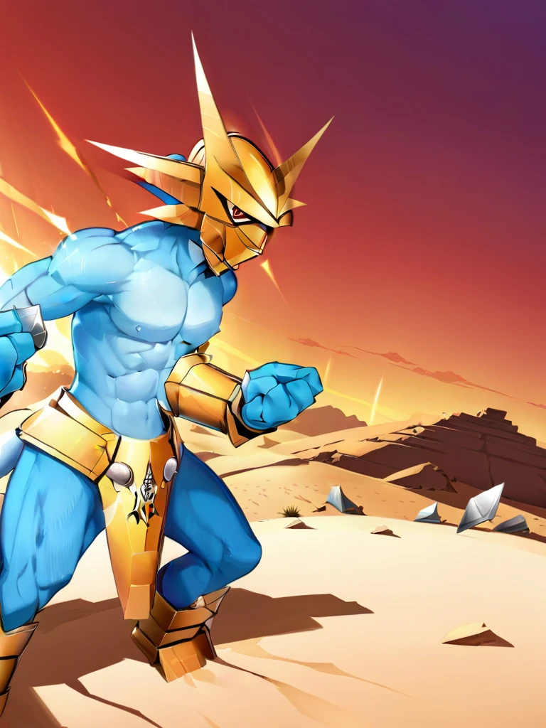 solo,angry Magnamon,tall, musclar,blue and white skin,(battle damaged:1.5),(topless Magnamon:2),(armor fragments:1.5),(shirtless:1.5), fighting_stance, in desert ,full_shot
