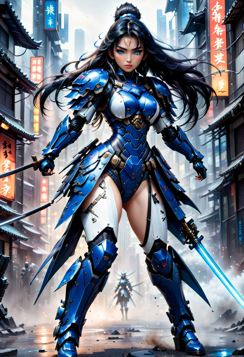 Japanese water color art picture of a mecha samurai woman in cyberpunk city, a mecha samurai woman, exquisite beautiful woman, (fully clothed: 1.3), black hair, long hair, (blue eyes: 1.3), she stands ready to battle, wearing (white mecha armor: 1.3), high heeled boots, she is armed with a Japanese sword, Japanese Cyberpunk city at night, background, (Masterpiece: 1.5), 16k, highres, best quality, high details, ultra detailed, masterpiece, best quality, (extremely detailed), arafed, mecha,