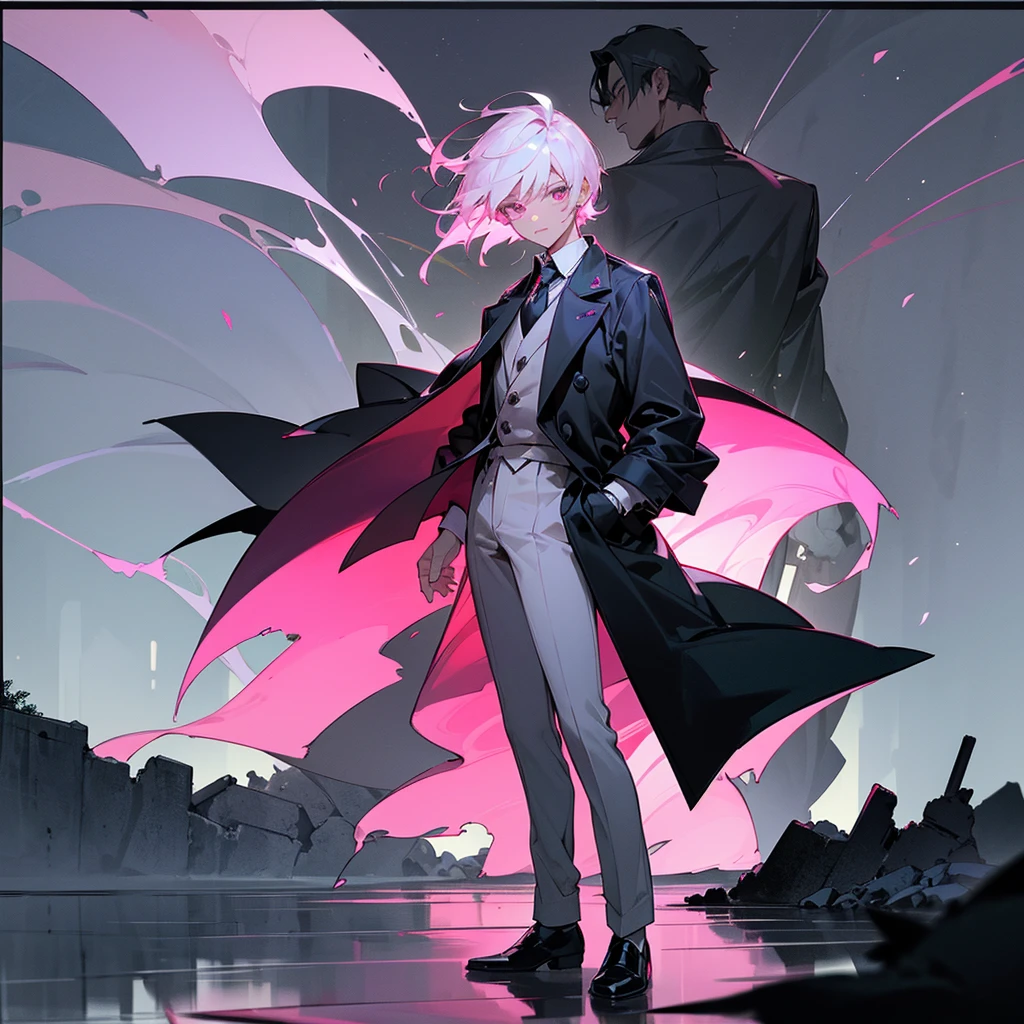 1male, adult, finely detailed arsenic eyes, wild short hair, rose quartz hair color, casual clothing, long coat, standing on ruined building, night time, somber expression, muscular, excited expression