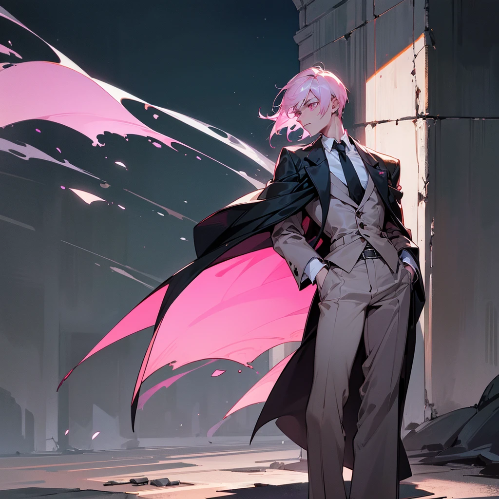 1male, adult, finely detailed arsenic eyes, wild short hair, rose quartz hair color, casual clothing, long coat, standing on ruined building, night time, somber expression, muscular, excited expression