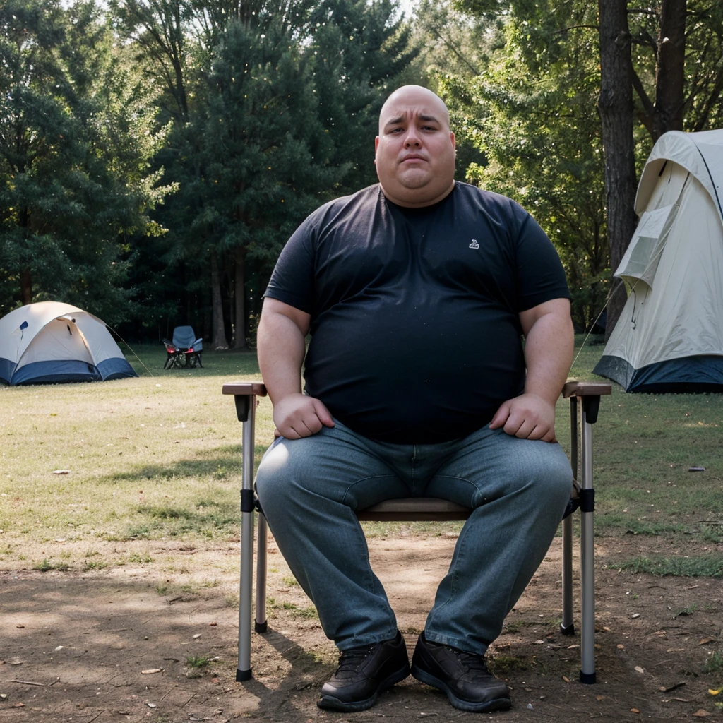 Very obese guy, bald, no hair, sitting in a tiny camping chair, in a park, very sad expression ((sadness:1.2)) ((wears pants only:1))