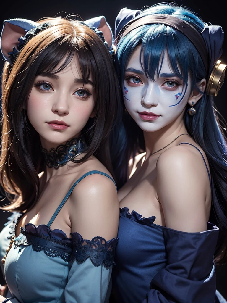 Realistic image of a fantasy game female jester wearing a sad mask, half of the face is femlae jester wearing a sad mask, on other half its female jester wearing a happy mask, symmetrical face, amazing quality, digital art, TwoFace Blade, HD, masterpiece, best quality, hyper detailed, ultra detailed
