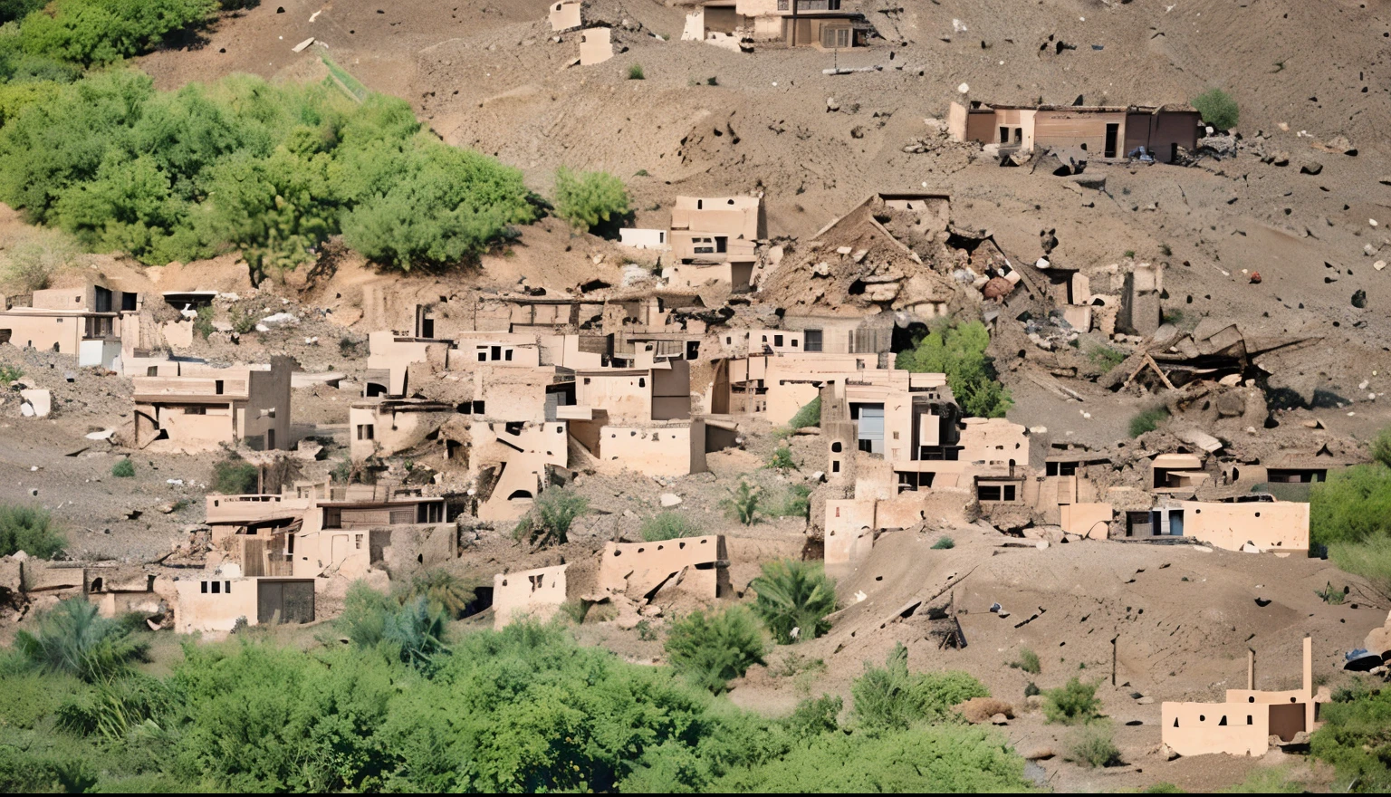 Generate an image depicting a scene from the Al Haouz earthquake crisis. The setting should be a devastated urban area with collapsed buildings and rubble. In the foreground, show local community members engaging in crisis communication. Include elements like people using radios, mobile phones, and makeshift bulletin boards for information dissemination. The buildings are old and build on a montain in al haouz. The atmosphere remain to the pain and desert climate. Cinematic lighting, ultra realistic resolution, realistic depth of field .