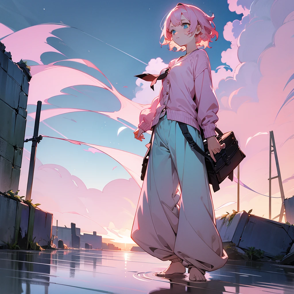1female, adult, finely detailed azure eyes, wavy short hair, pale pink hair, bikni top, cardigan, baggy pants, standing on ruined building, night time, serious expression