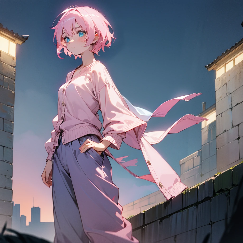 1female, adult, finely detailed azure eyes, wavy short hair, pale pink hair, bikni top, cardigan, baggy pants, standing on ruined building, night time, serious expression