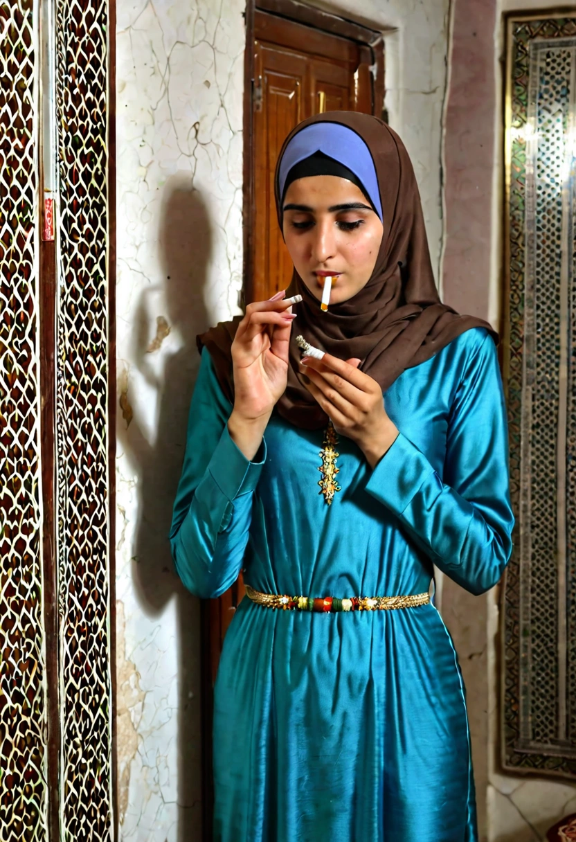 Kurdish girl in straight hijab standing in room smoking cigarette holding cigarette 