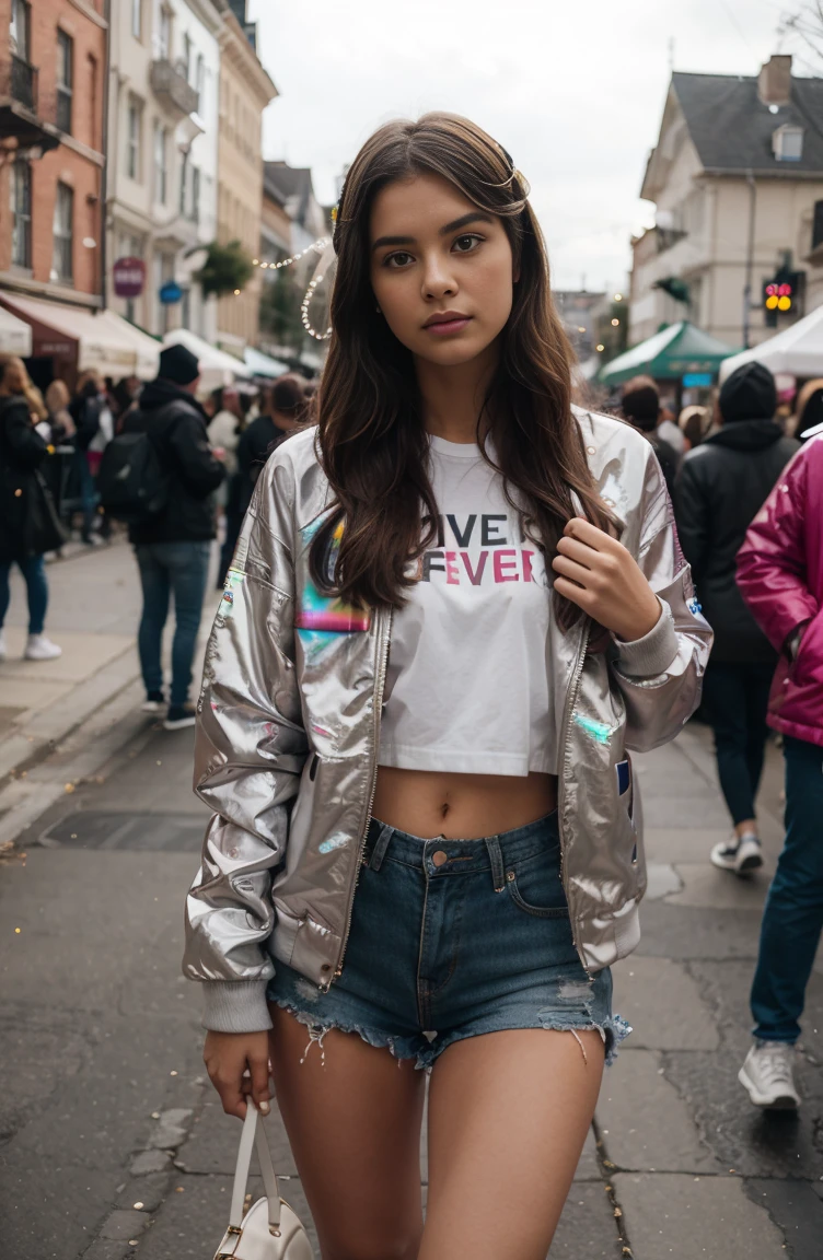 A GIRL WEARING Fever Tinsel Festival Jacket, Rainbow