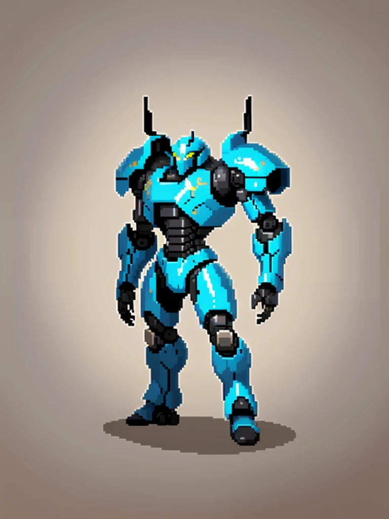 blue armored robot (Obra de arte, maximum quality, melhor qualidade), Pixel, Pixel art, 1 male android robot based on the terminator robot, sidescroller game character
