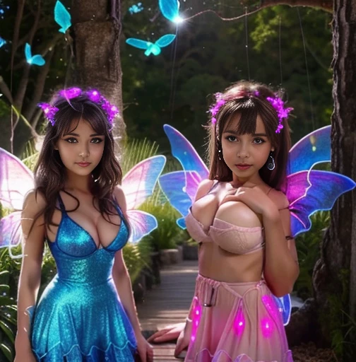 ((2 faeries girls, gorgeous, large firm push up breasts, faeries bra and dresses, neckline, 20 years old)), (in bioluminescent forest plants,fabulous night forest,magical radiance),Raw photo,ultra rea, uhd, realistic skin and hairs, best quality,16k resolution,vivid colors, little lake with luminescent effects, little faeries girl, (((the most beautiful cute girl faces in the world)))