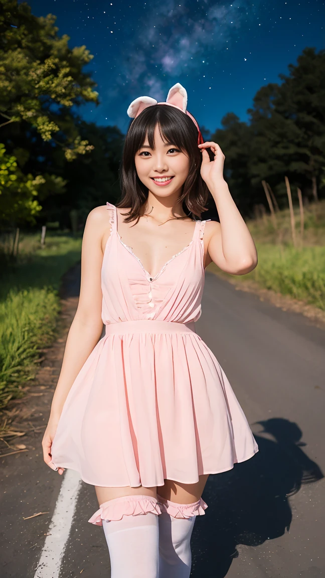 (8k, RAW photo, best quality, masterpiece, highres, absurdres, ultra detailed:1.3), (Photography, realistic, photo-realistic:1.4), (beautiful natural lighting, beautiful deatailed shadow, beautiful detailed glow :1.4),  atmospheric,

BREAK 1 beautiful horny girl,alone,(cute:1.5),(Chibi:0.8),(kawaii1.5),(change:0.9),(horny girl, cute, full of energy, change face,slightly swollen chest),(black hair, messy short bob, story me, pink eyes:1.55 ),(full of energy, goofy smile, bad face:1.2),(white bunny ears headband:1.2),(smile,shine tooth:1.45), 


BREAK //Character
1girl,
BREAK
//Fashions 
BREAK (pink theme:1.4), (tone on tone:1.3), (pink long camisole tunic with chest ribbon:1.4), (A-line light pink tiered skirt with multi-layered ruffles:1.3), ((white overknee socks, white long stockings):1.3), (pink hight platform boots:1.2),BREAK

(looking up, level crossing, walking on road, country road, guardrail, rice field on one side: 1.6), (dusk, shining Big Dipper and red death star, Milky Way, shooting star, sky: 1.6), shining stars, summer, (Milky Way: 1.65),


BREAK wakame,wakame,wakame,(cowboy shot, from front:1.4),  BREAK manga illustration,manga style,