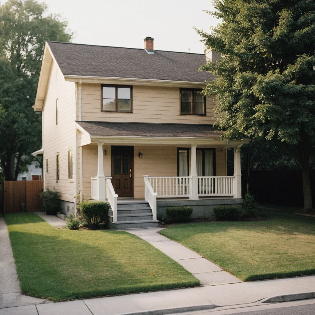 a typical townhouse from the 1970s, during the Motown era. The townhouse should be located in a suburban area, with a mix of single-family homes and apartment buildings. The house should be a two-story, single-family residence with a pitched roof, vinyl siding, and a small front yard with a lawn and a few trees.
The exterior should feature a warm, earthy color palette with a combination of brown, beige, and cream tones. The roof should be a dark brown or black asphalt shingle material. The windows should be double-hung, with white or cream-colored frames and shutters.
The front door should be a wooden with a brass or chrome door handle. The porch should be a small, covered area with a simple railing and a few steps leading up to the door, at night, the light is on in a bedroom on the second floor (gaussian blur:1.1) (high key photo masterpiece:1.2) raw photo, (film grain:1.3), depth field, bokeh, Best quality, masterpiece, ultra high res, (photorealistic:1.4), (smooth light:1.4), photorealistic, cinematic lighting, volumetric lighting, highly detailed and intricate