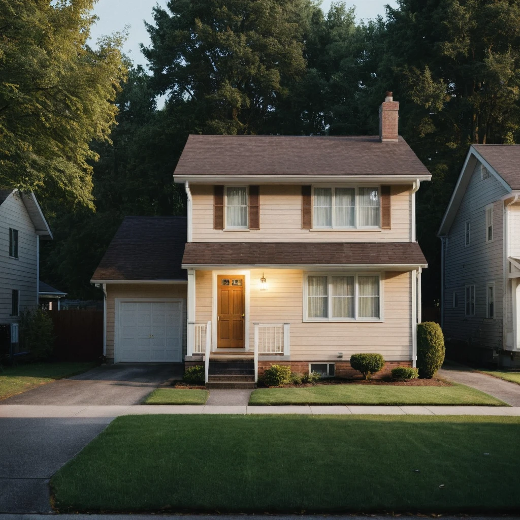 a typical townhouse from the 1970s, during the Motown era. The townhouse should be located in a suburban area, with a mix of single-family homes and apartment buildings. The house should be a two-story, single-family residence with a pitched roof, vinyl siding, and a small front yard with a lawn and a few trees.
The exterior should feature a warm, earthy color palette with a combination of brown, beige, and cream tones. The roof should be a dark brown or black asphalt shingle material. The windows should be double-hung, with white or cream-colored frames and shutters.
The front door should be a wooden with a brass or chrome door handle. The porch should be a small, covered area with a simple railing and a few steps leading up to the door, at night, the light is on in a bedroom on the second floor (gaussian blur:1.1) (high key photo masterpiece:1.2) raw photo, (film grain:1.3), depth field, bokeh, Best quality, masterpiece, ultra high res, (photorealistic:1.4), (smooth light:1.4), photorealistic, cinematic lighting, volumetric lighting, highly detailed and intricate