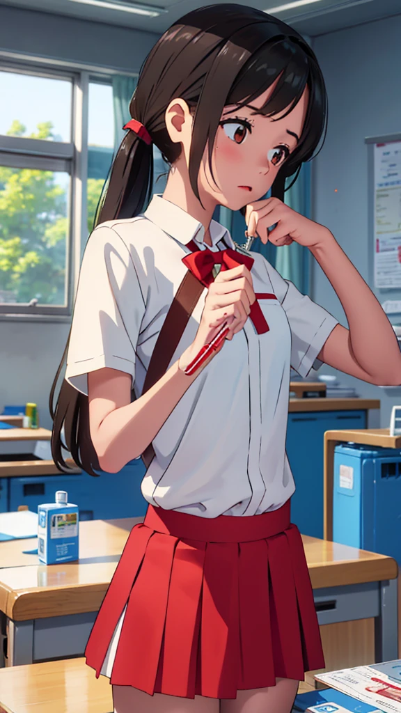 Create an illustration of a 12-year-old girl named Gita. She is a female student wearing her elementary , consisting of a white shirt and a red skirt. Gita is holding an insulin syringe in her hand and is posed while injecting it into her arm. The scene should depict her bravery and determination, reflecting her ability to manage her condition with confidence. The background can be a simple, classroom setting to emphasize her status as a student.