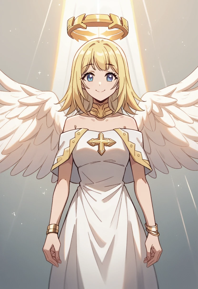 masterpiece, best quality, AltSiaV4, 1girl, solo, smile, dress, jewelry, cowboy shot, wings, white dress, bracelet, halo, feathered wings, angel wings, light rays, angel, 