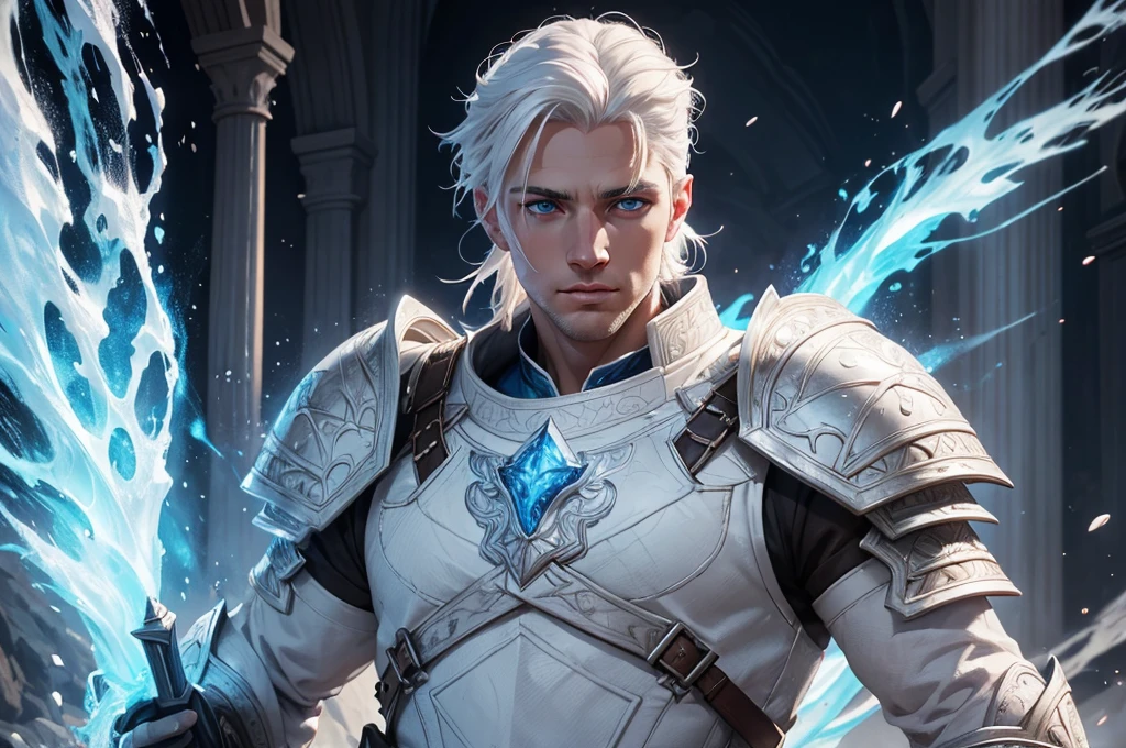 a young, handsome, white-haired warrior, explorer, detailed splash art, white clothes, blue eyes, high quality, 8k, masterpiece, hyperrealistic, photorealistic, realistic, intricate details, dramatic lighting, cinematic composition, vibrant colors, fantasy art